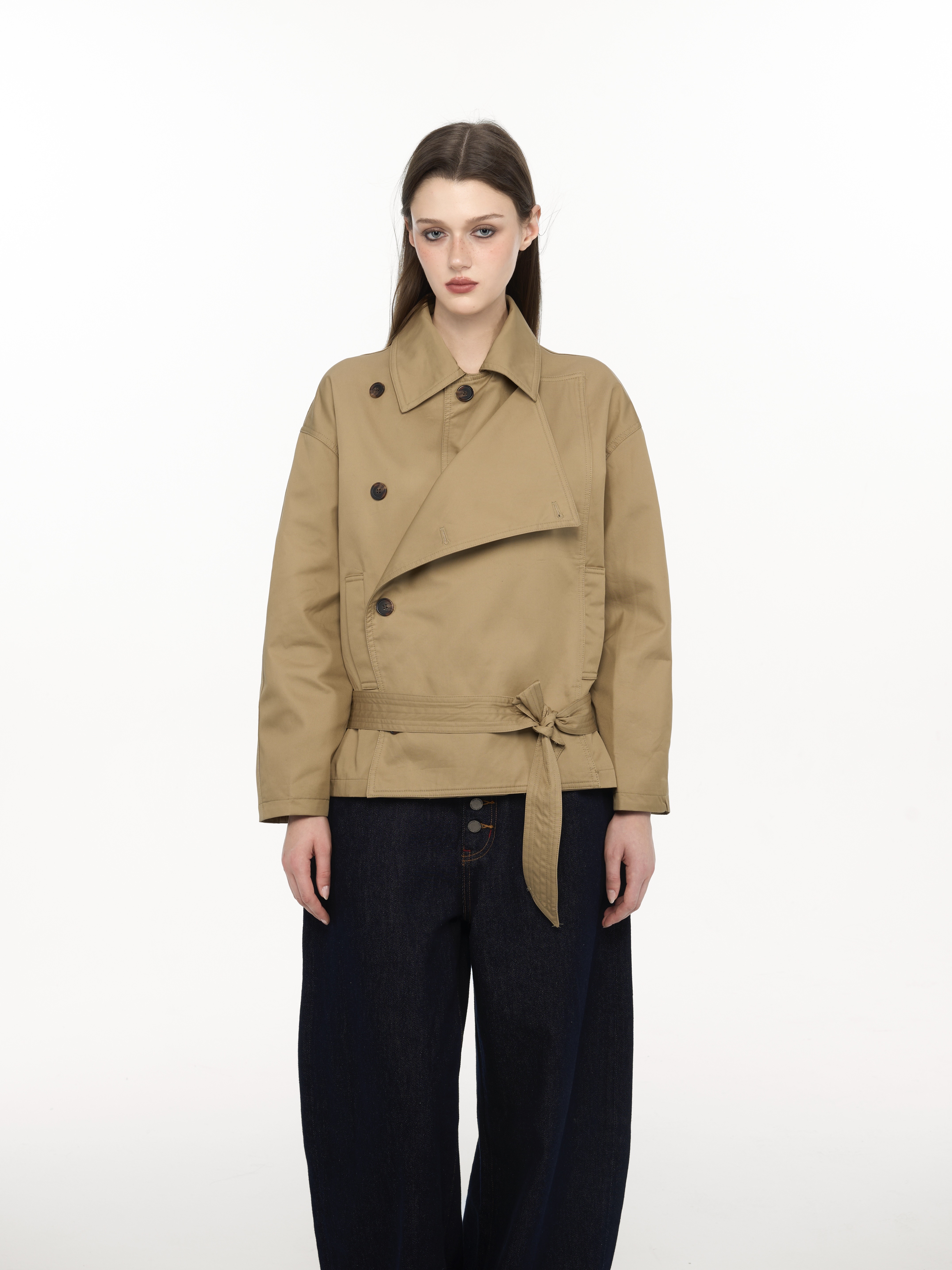 Women's Short Trench Coat, Double-Breasted Khaki Jacket with Belted Waist and Stand Collar
